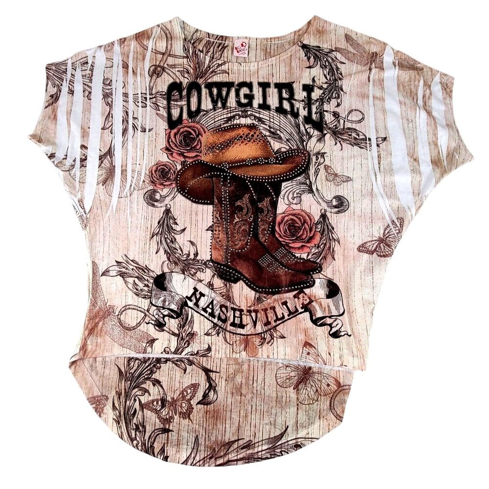 Nashville Cowgirl Womans Top with Hat and Boot Bling Cropped Front size S JH1529